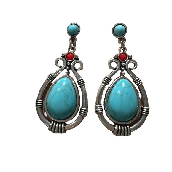 Silver and Turquoise Stone Drop Earrings - Picture 4 of 5